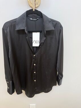 Zara Black Satin Button-Down Shirt